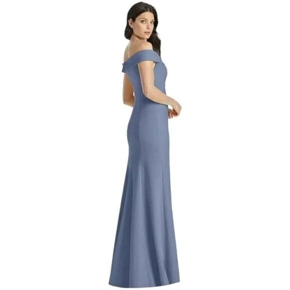 Dessy Collection Womens Notched Off Shoulder Crepe Gown Larkspur Size 10  NWT - Picture 2 of 7